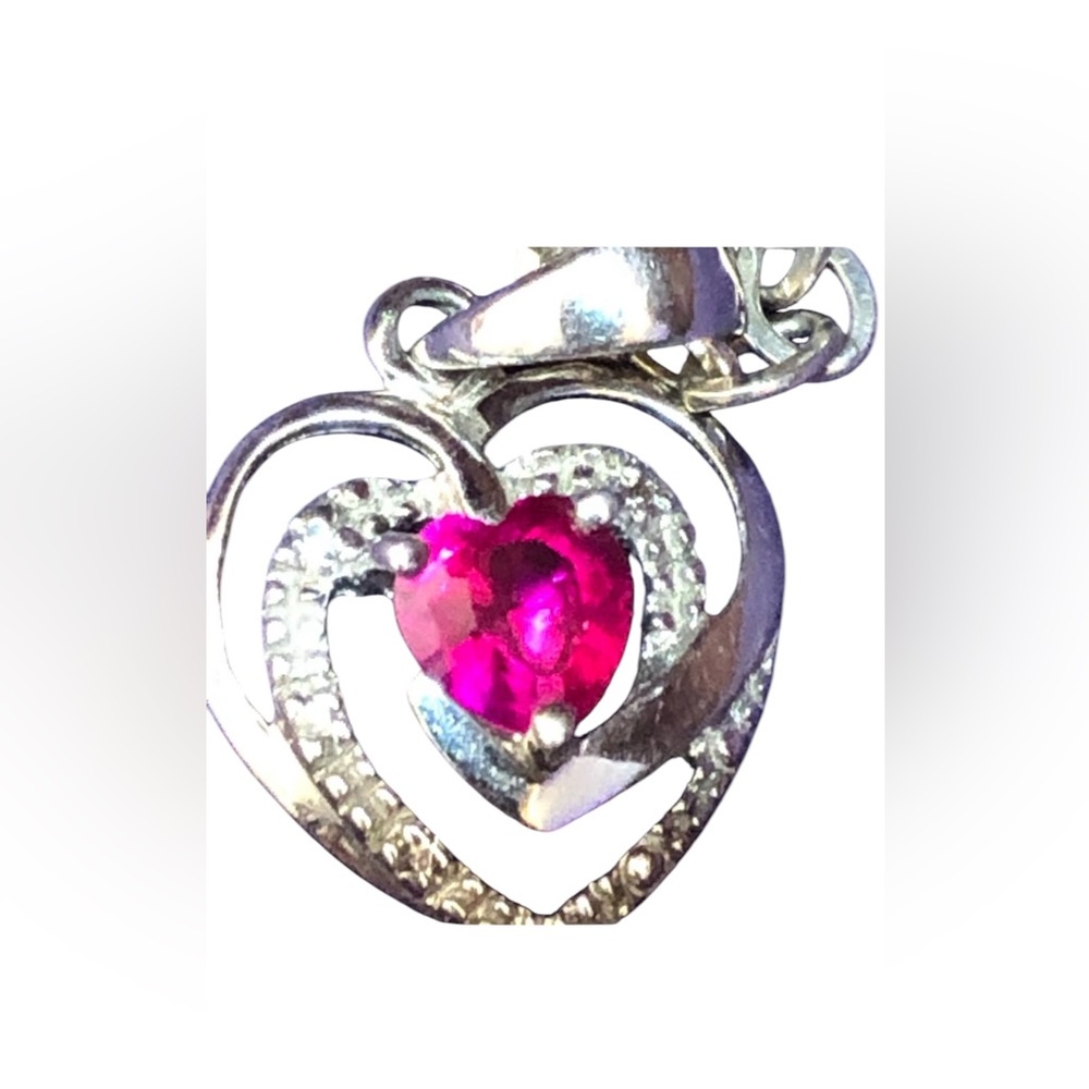 925 Sterling Silver Ruby and Diamond Cut Heart Pendant on 24” Chain Necklaces
